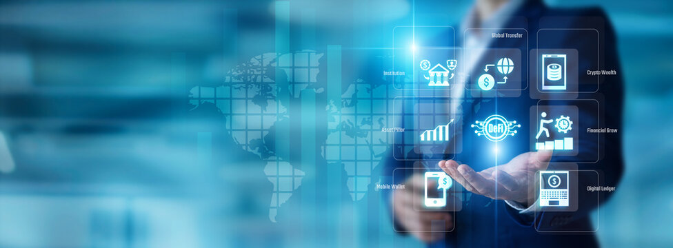 Crypto investor holding a smart contract in hand. DeFi transforms global financial markets and decentralized assets. Blockchain technology processes peer to peer transactions.