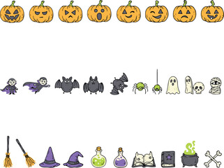 Fototapeta premium Cute hand drawn Halloween vector icon set with pumpkin jack o lanterns vampires bats ghosts spiders witch hats potions and magic books for holiday decoration