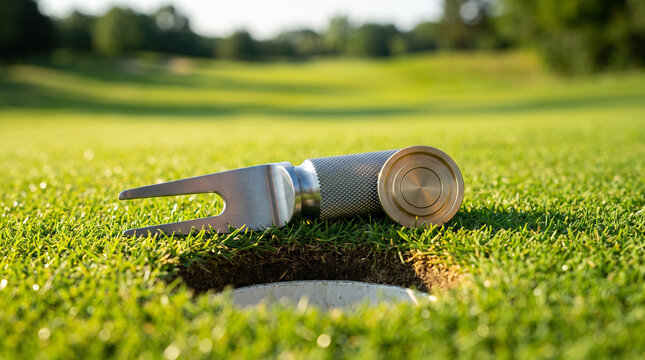 A beautifully detailed photorealistic stock photograph capturing a premium metallic pitch mark repair tool and a ball marker resting on the edge of a pristine golf hole.