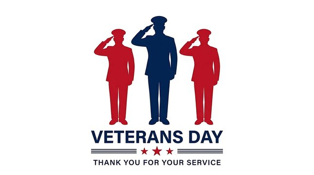 Veterans day greeting card design featuring three soldiers saluting in red and blue colors on white background