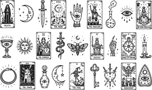 Black and white mystical tarot cards and occult symbols set with moon, eye, key, and magical elements