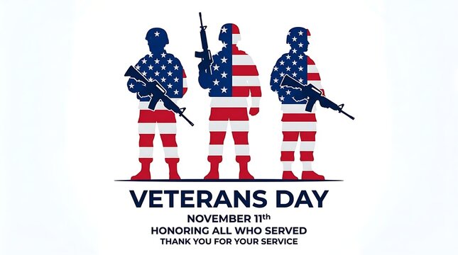 Veterans day illustration featuring three soldiers with american flag patterns honoring military service and national pride