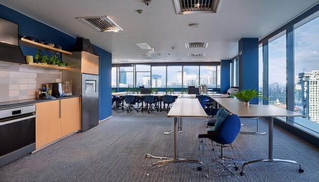 kitchen interior design in office for lunch background break room from work for food with chair table microwave and fridge indoor informal lounge area in company for eating candy or sandwich