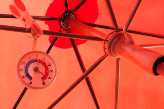 Global Heat wave in the summer, parasol and a thermometer, which displays extreme high temperature, global warming,climate change concept.
