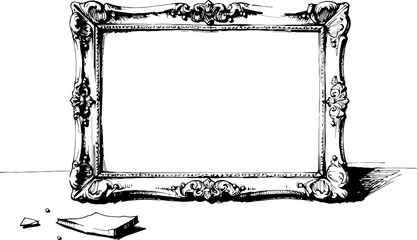 Obraz premium Ornate empty vintage picture frame with decorative floral and scrollwork design in black and white illustration