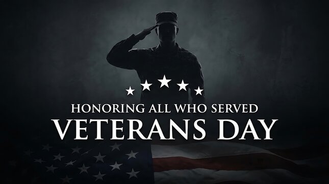 Veterans day background with a silhouette of a saluting soldier and the american flag honoring all who served