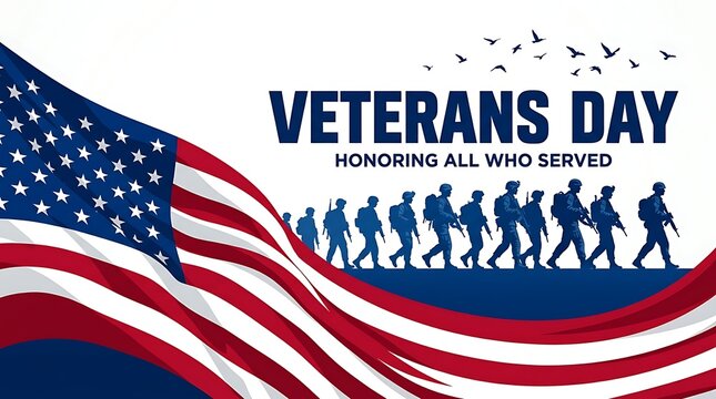 Veterans day banner with american flag and silhouettes of soldiers honoring all who served in the military