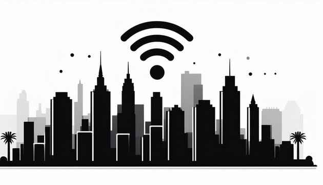 black silhouette of a city skyline with wifi signal on of buildings white background