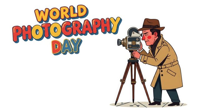 Cartoon illustration of a vintage detective photographer using an old camera to celebrate the annual event of world photography day