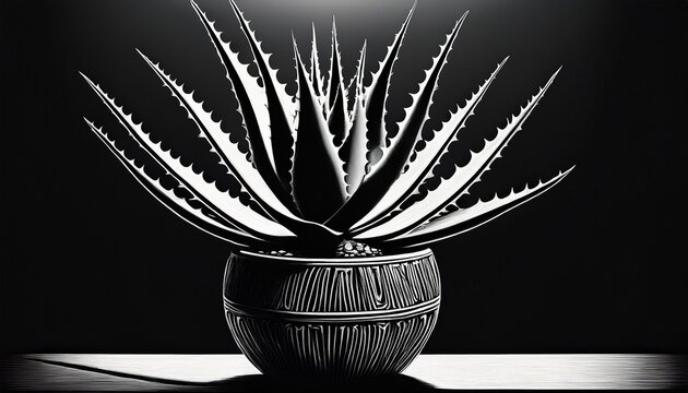 black and white silhouette of a potted aloe vera plant with spiky leaves in a decorative planter d