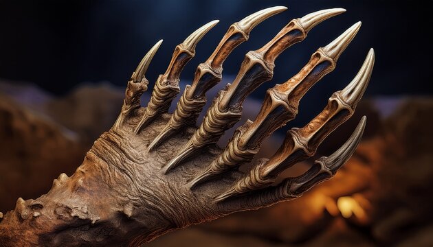 a fossilized dinosaur claw with sharp curved nails and visible bone structure