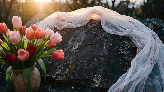 A bouquet of colorful spring tulips placed on a grave with a white veil at sunset