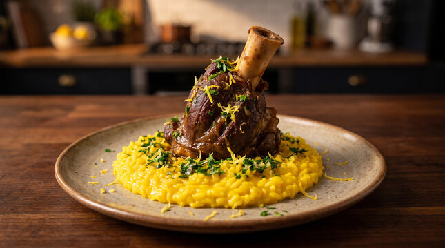 A beautifully detailed photorealistic stock photograph capturing a designer osso buco dish. Tender braised veal shank over vibrant saffron risotto with lemon gremolata zest.
