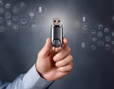 usb flash drive hand holding key data storage digital security portable device technology electronic gadget thumb pressing button gray background