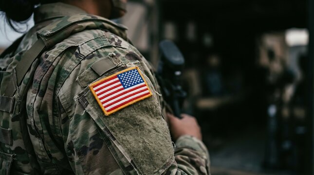 Close up view of a united states flag patch on the shoulder of a soldier in camouflage uniform