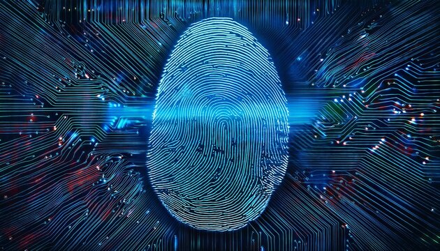 digital fingerprint with glowing lines on a dark circuit board background symbolizing identification and security verification