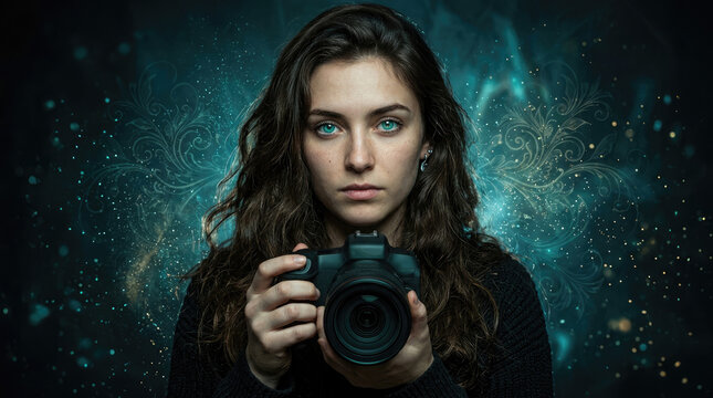 A serious young woman holding a professional camera in a dark artistic environment celebrating the creative spirit of world photography day event
