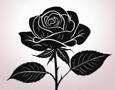 a simple black silhouette of a blooming rose flower with two leaves on a clean white background de