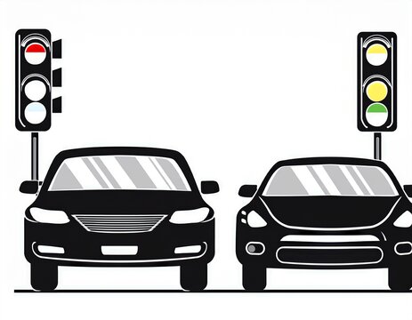 black silhouette of cars on a road with traffic lights isolated on a white background vehicles de