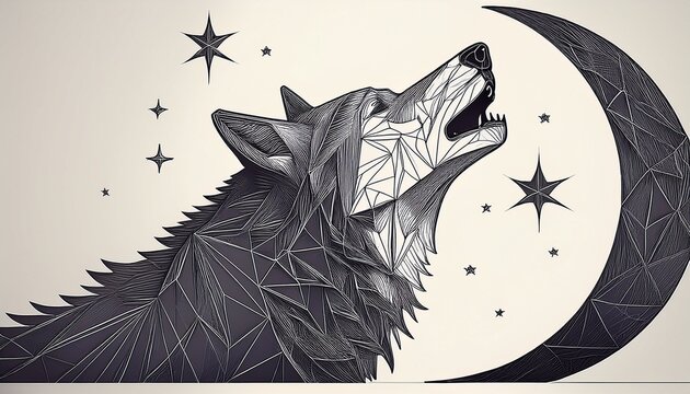 geometric low poly style of a wolf howling at a crescent moon black lines on white