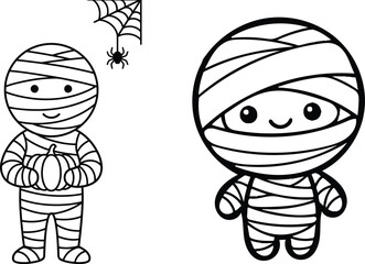 Obraz premium Cute cartoon mummy characters for halloween coloring page featuring a small spider and pumpkin for kids activity book illustration