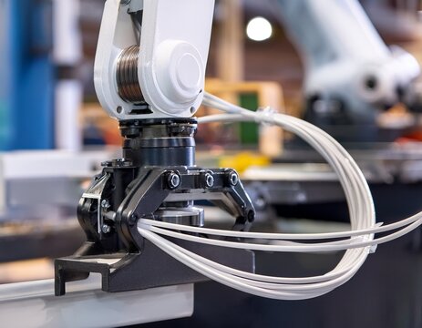white wire bundle robotic arm cable harness industrial machine closeup in workshop with black clamp metal joint blurred background