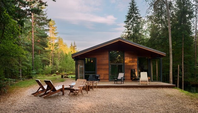 cabin with dark wooden exterior sits on a quiet forest edge with deck chairs positioned for outdoor relaxation