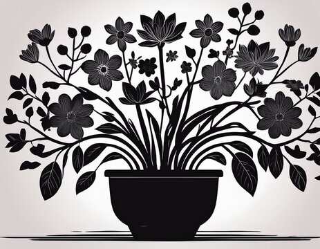 a black silhouette of a potted plant featuring various blooming flowers and leafy stems on desi