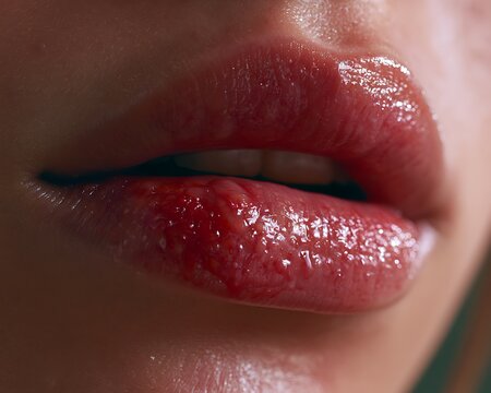 Close-up of human lips with herpes infection, symbolizing viral outbreak, immune system vulnerability, health awareness, skin irritation, and medical treatment.