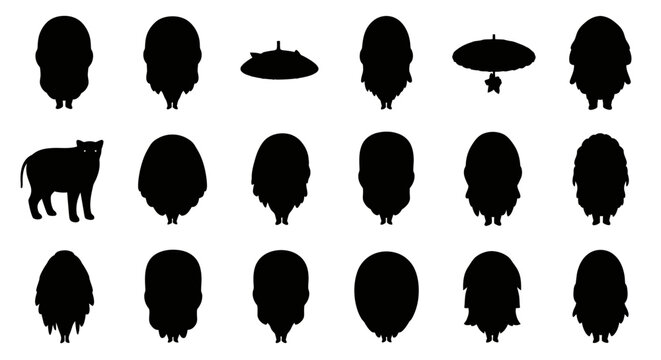 Collection of black head silhouettes and a cat icon.
