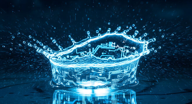 Cooling technology Water splash with glowing blue circuit board elements, high tech computer cooling concept