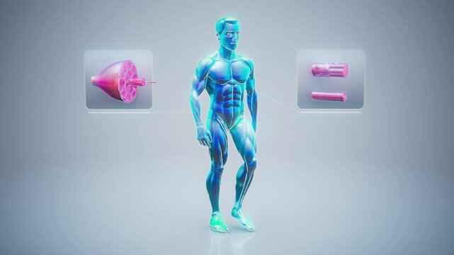 Conceptual 3D animation of an anatomical muscle man