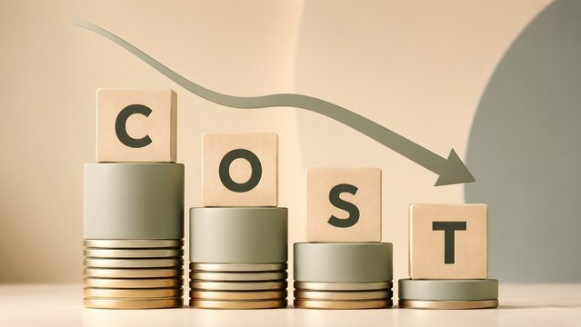 Cost reduction concept with wooden blocks spelling cost moving downwards on stacked coins with decreasing arrow