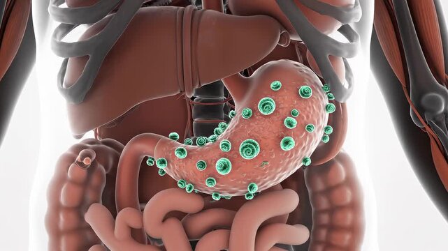 Microscopic Gastric Invasion Digital Rendition Depicting Pathogenic Organisms Adhering to the Stomach Lining Highlighting Digestive Tract Health Concerns and Medical Research Opportunities.