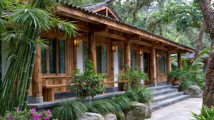Fototapeta premium Bamboo Tea Pavilion Invites Tranquil Moments in a Serene Garden Escape