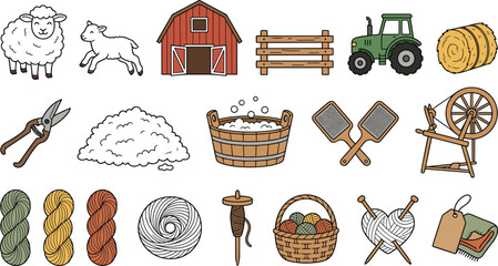 Farm and Fiber Craft Collection with Sheep, Barn, Tractor, Hay Bale, Spinning Wheel, Yarn, Wool, Weaving Tools, and Rustic Handmade Elements © MstSuborna
