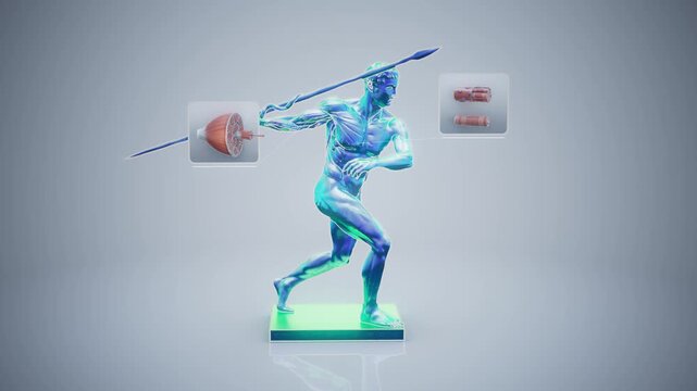Conceptual 3D animation of a Greek statue with visible muscle anatomy