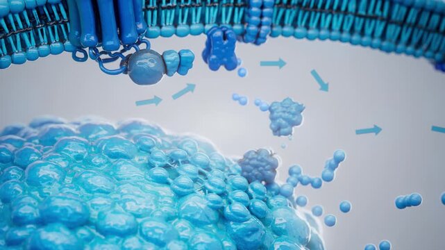 Conceptual 3D animation of adrenaline triggering lipolysis inside a fat cell