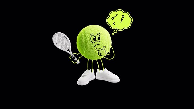 Tennis ball character planning match strategy with a racket in a vibrant 3D/2D style. Seamless alpha-channel loop for coaching, training, tournaments, and sports content.
