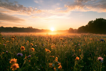 Naklejka premium Summer morning over the field of wild flowers
