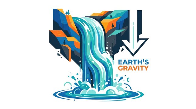 Earth's gravity pulling waterfall downward in vibrant splash. Dynamic natural force illustration with flowing blue cascading motion.