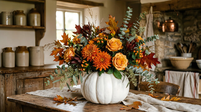 Beautiful autumn flower arrangement inside a white pumpkin for halloween decor