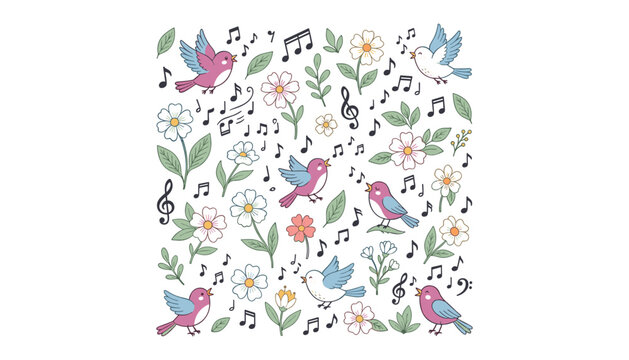 Cute singing birds vector seamless pattern background with spring flowers foliage and musical notes elements