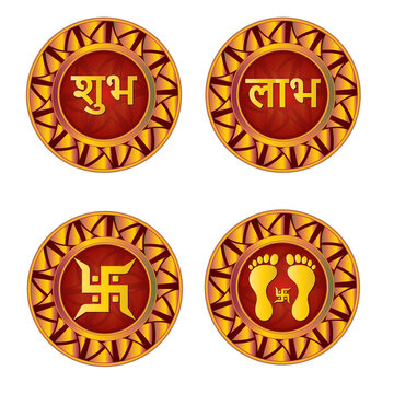 Premium Hindu Festival Icons Set with Shubh Labh Swastik and Lakshmi Footprints Gold Vector
