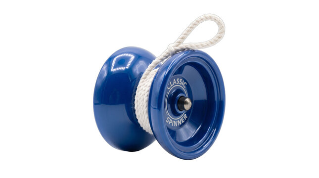 Vivid blue wooden yo-yo toy with a white string, studio captured and isolated on a transparent background for diverse commercial projects.