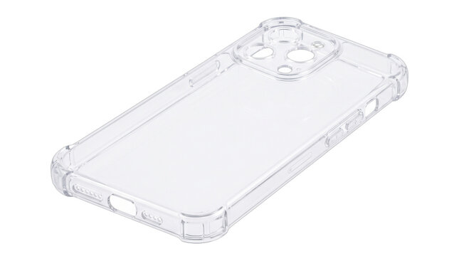Clear protective mobile device case featuring durable transparent plastic construction, photographed isolated showcasing commercial product design attributes.