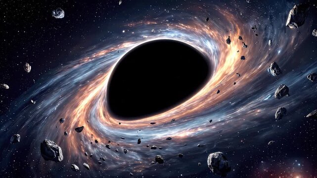 Massive black hole pulling asteroids and cosmic debris into glowing accretion disk. Deep space exploration and celestial phenomena. Static wide shot.