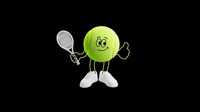Animated tennis ball character with a racket and thumbs-up gesture in a vibrant 3D/2D style. Seamless alpha-channel loop for sports promos, tournaments, social media, and broadcasts.