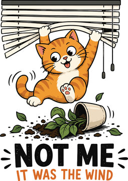 Funny Cat Hanging on Window Blinds Breaking Plant Pot Vector T-shirt Design