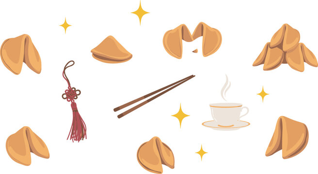 Traditional Chinese fortune cookie vector illustration set featuring broken cookies with paper message chopsticks teacup and decorative tassel isolated on white background